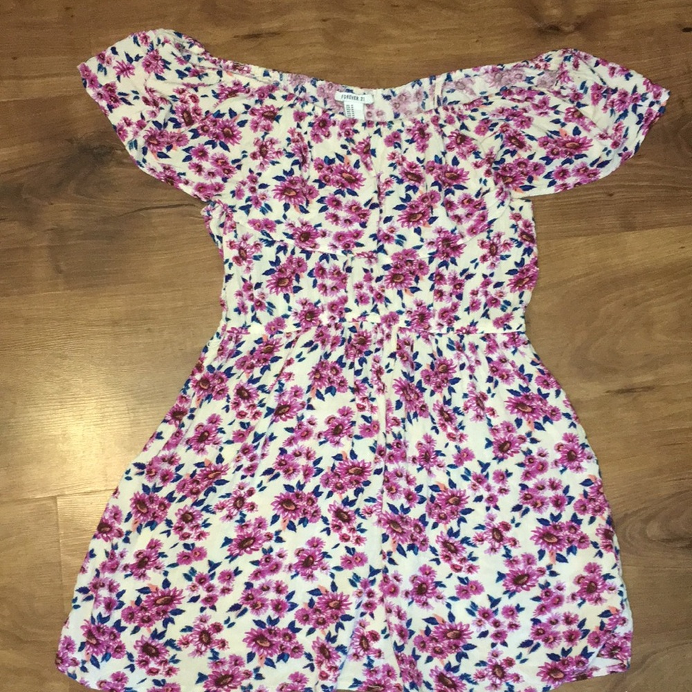 Forever21 Beige/Fuchsia Floral Shoulder-less Dress